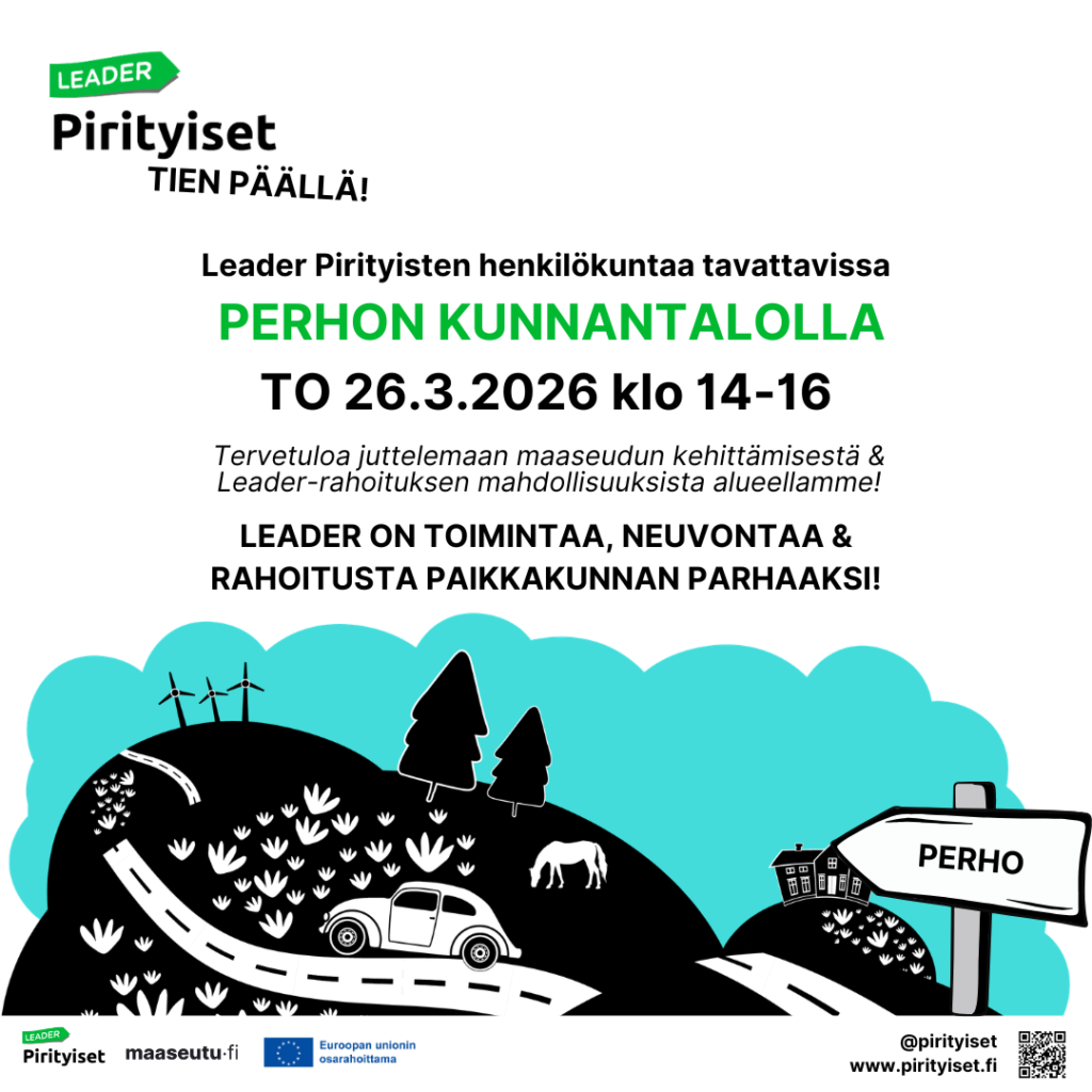 Kuva, jossa kerrotaan Pirityisten POP UP -neuvontapisteestä Perhon kunnantalolla 26.3.2026 klo 14-16.